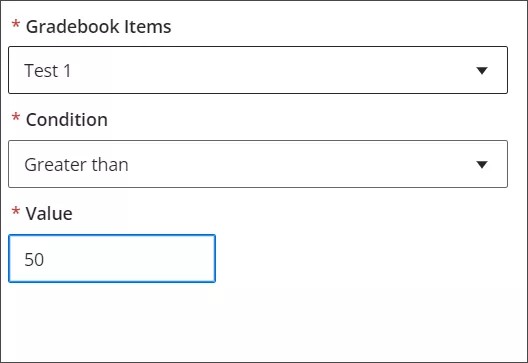 The certificate rule settings, showing the Gradebook Items dropdown menu, the Condition dropdown menu, and the Value text box