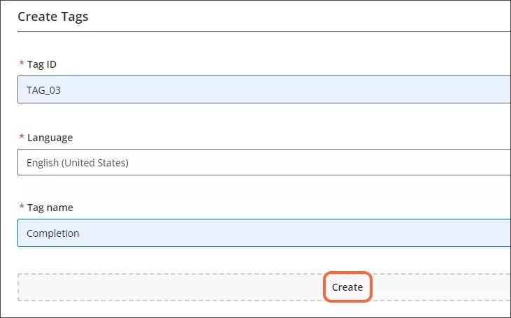 The Create Tags interface, with the Create button highlighted in orange