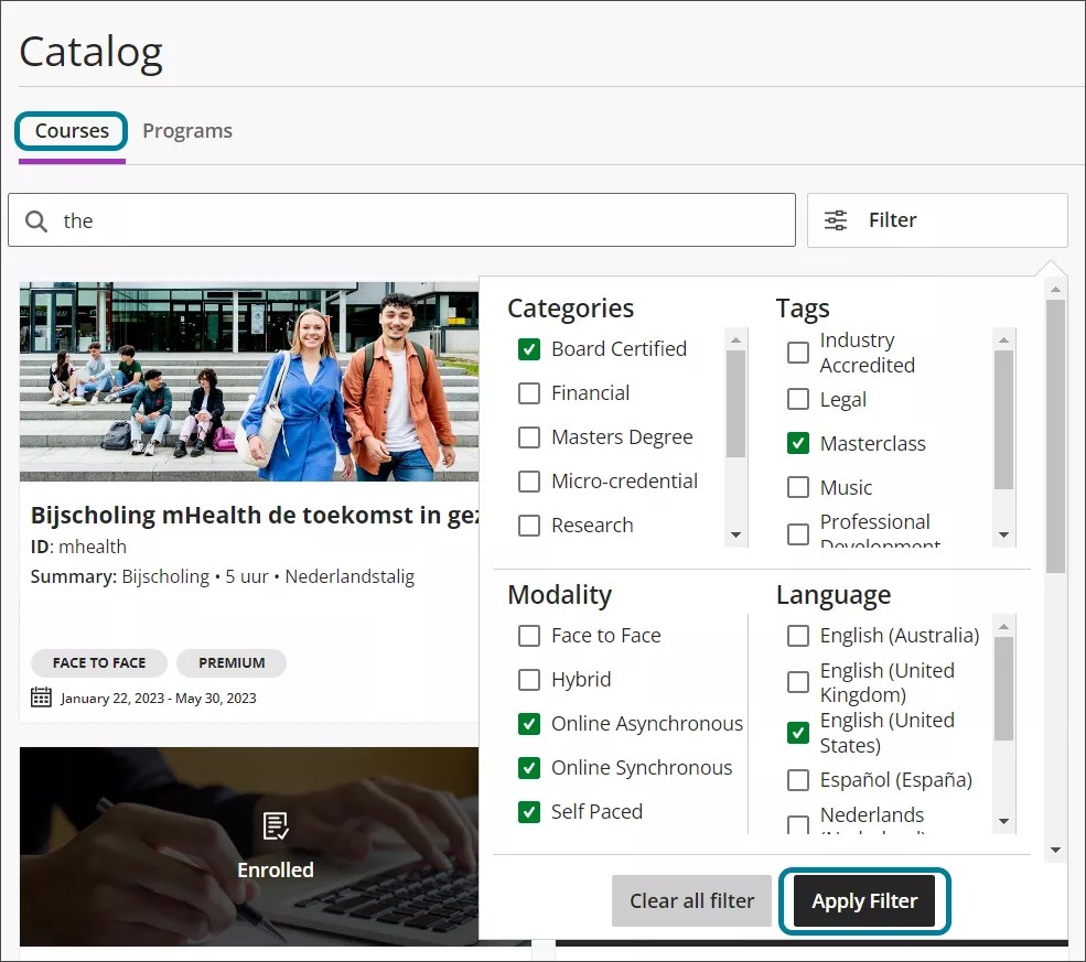 Catalog screen with the filter menu open. Categories, Tags, Modality, and Language filters are available. The Courses tab and Apply Filter button are highlighted in blue.