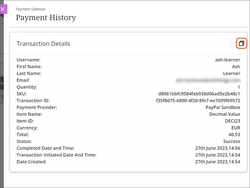 The transaction Details screen, with the copy icon, which looks like one page on top of another, highlighted in orange