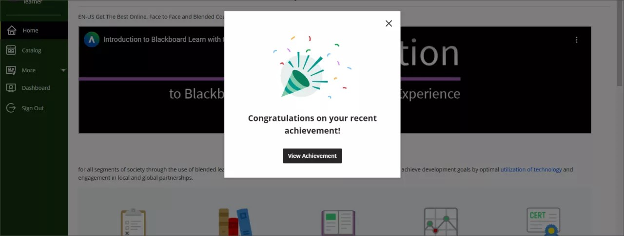 Achievement notification for learner that states "Congratulations on your recent achievement!" and has a View Achievement button.
