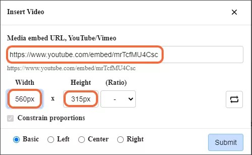The Insert Video dialog, with the URL for the video, the width, and the height highlighted in orange