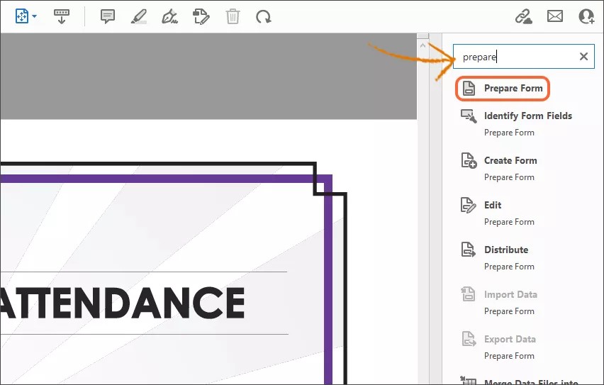 The Tools menu with "prepare" typed in the search field. The Prepare Form option is highlighted in orange.