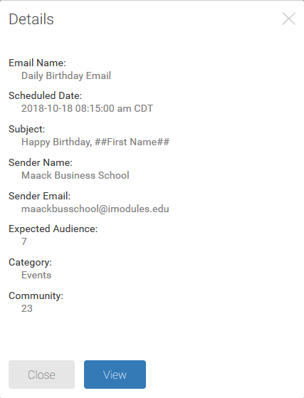 The Details window, which shows the Email Name, Scheduled Date, Subject, Sender Name, Sender Email, Expected Audience, Category, and Community. There are Close and View buttons at the bottom.