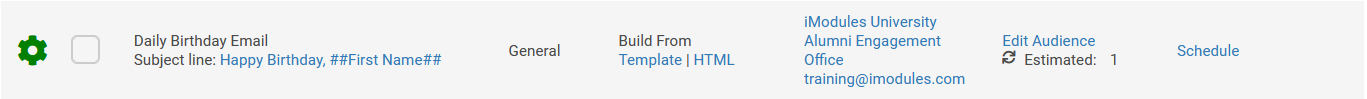 The birthday email row on the drafts screen, which includes the option to Schedule