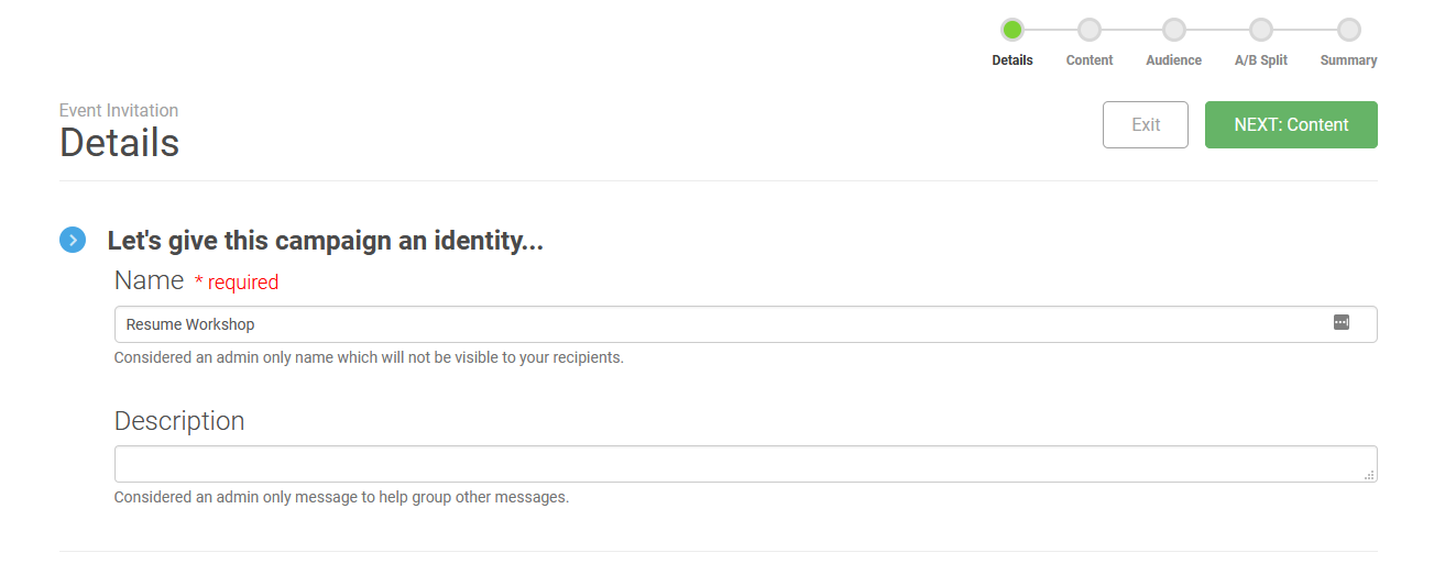 A header which states "Let's give this campaign an identity," underneath which are fields for Name (which is marked as required) and Description.
