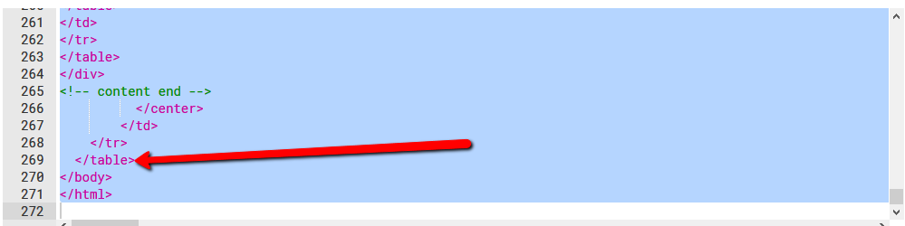 A snippet of html with an arrow pointing to a line that says "</table>"