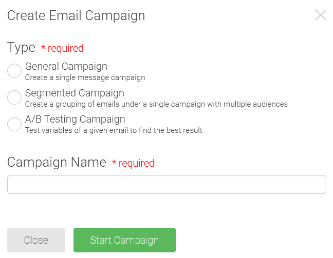 The Create Email Campaign window, offering the choice of General Campaign, Segmented Campaign, and A/B Testing Campaign and a place to enter the Campaign Name.