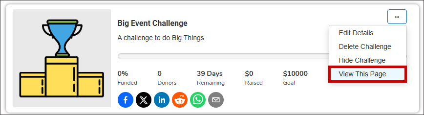 The Ambassador Challenge admin controls, with the View This Page option highlighted in red