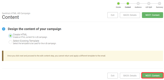 The Content screen, with the Create HTML option chosen and the NEXT: Content button highlighted in red.