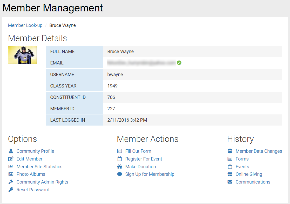 Member details screen for Bruce Wayne