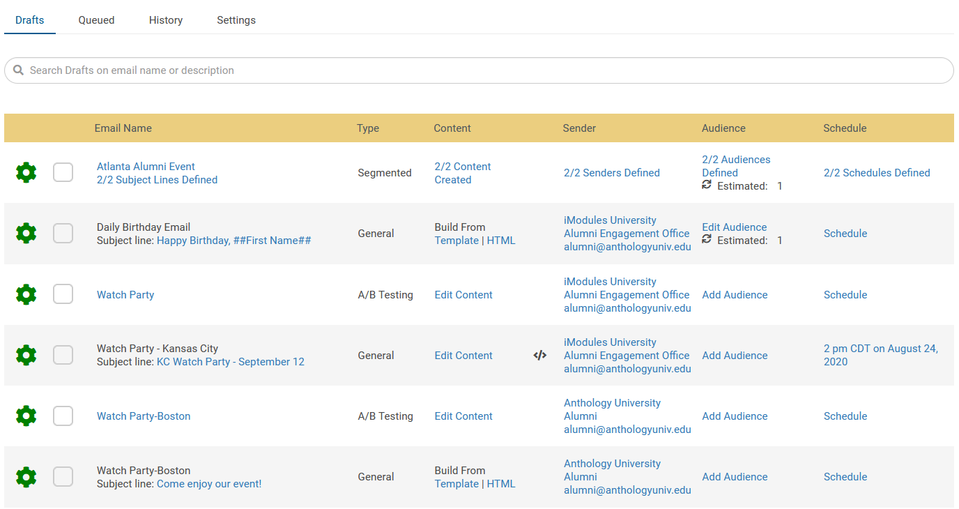 Email Home Page with the Drafts tab selected, showing Schedule option in the Schedule column for a general campaign