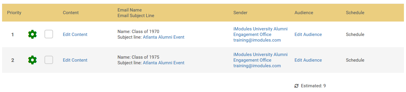 The Segmented Campaign Home email grid, with Priority, Content, Email Name and Email Subject Line, Sender, Audience, and Schedule columns.