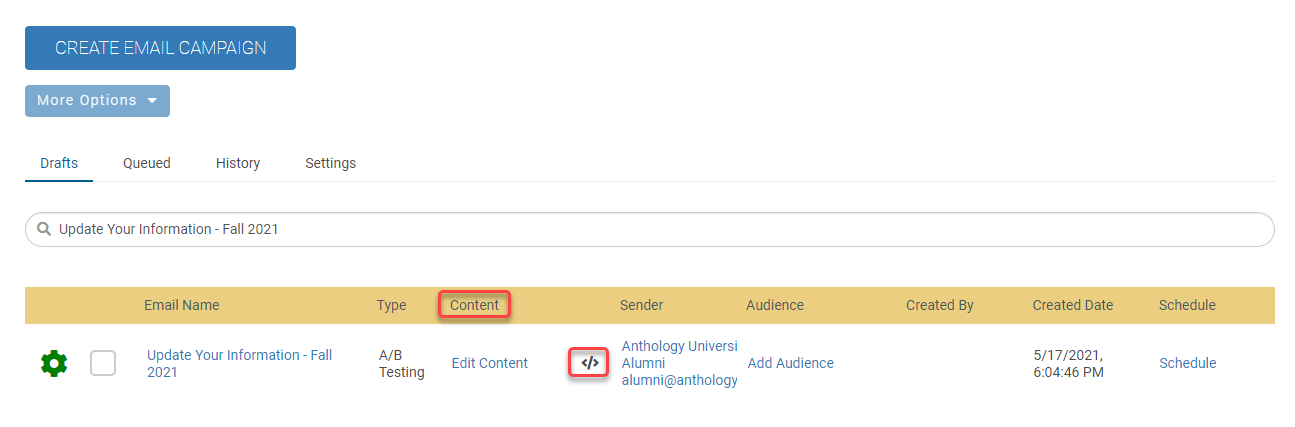 The Email Home Page on the Drafts tab, with the Contents Column highlighted in red and the indicator that an email was built in HTML highlighted in red