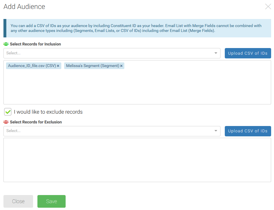 Add Audience window, showing the I would like exclude records option selected.