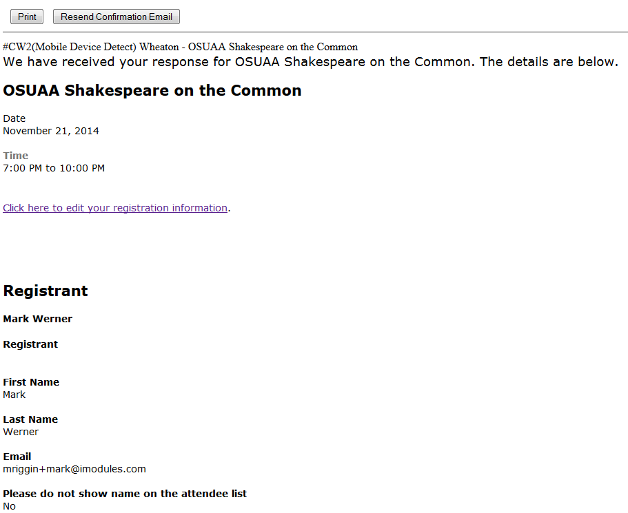 Event confirmation screen