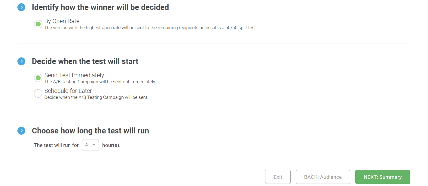 The bottom half of the A/B Split screen, with the options "Identify how the winner will be decided," "Decide when the test will start," and "Choose how long the test will run."
