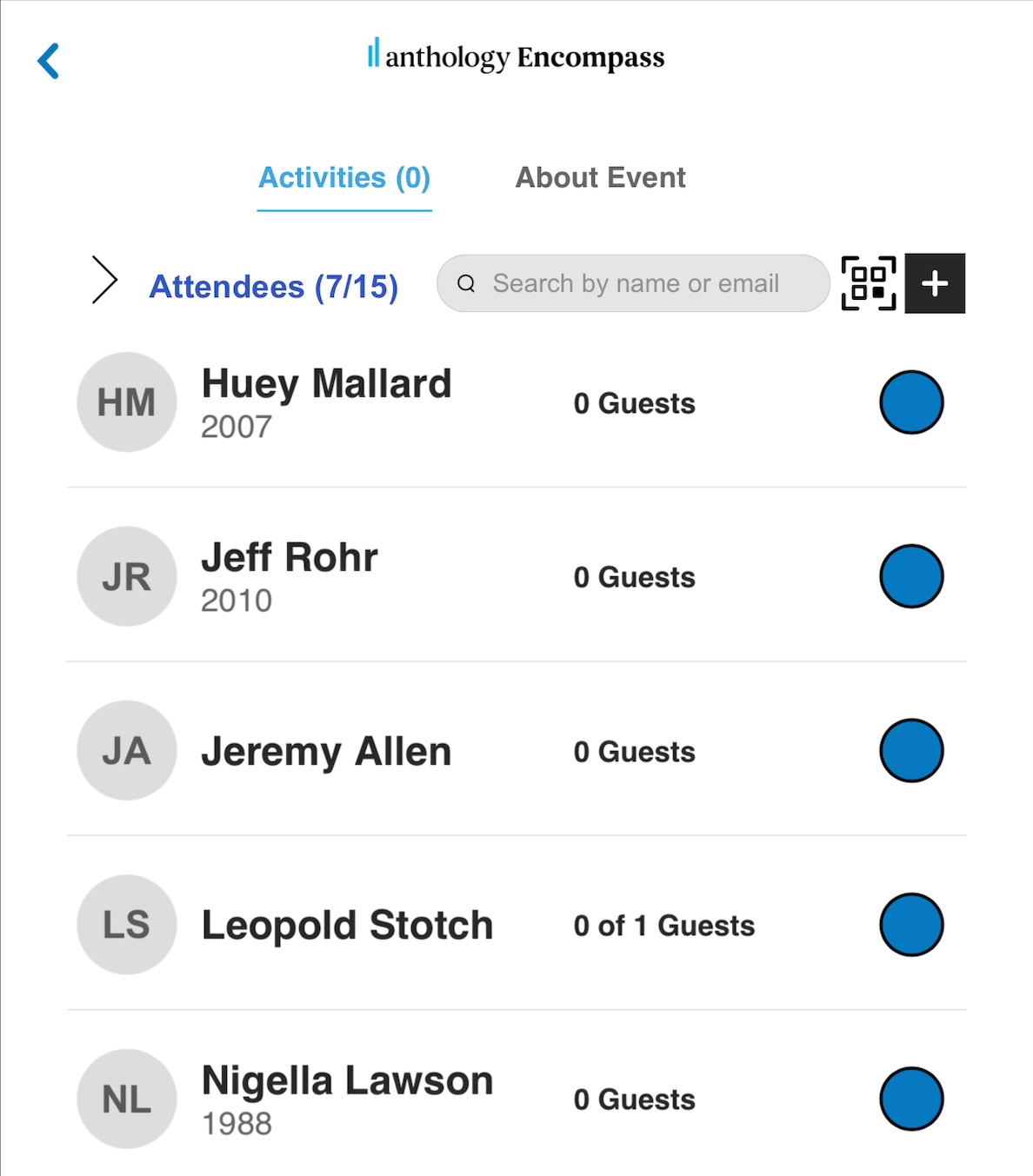 Attendee check in screen on mobile device with new QR code option available