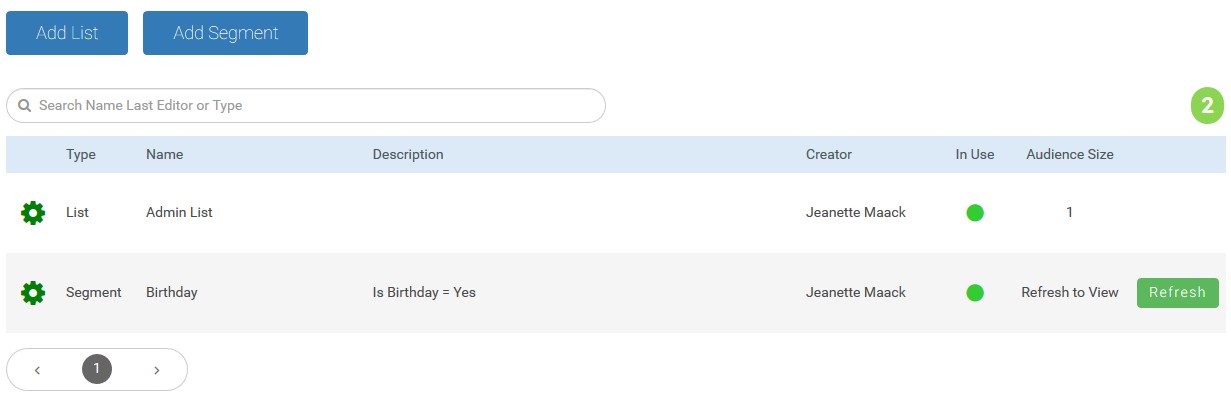 The Lists and Segments screen