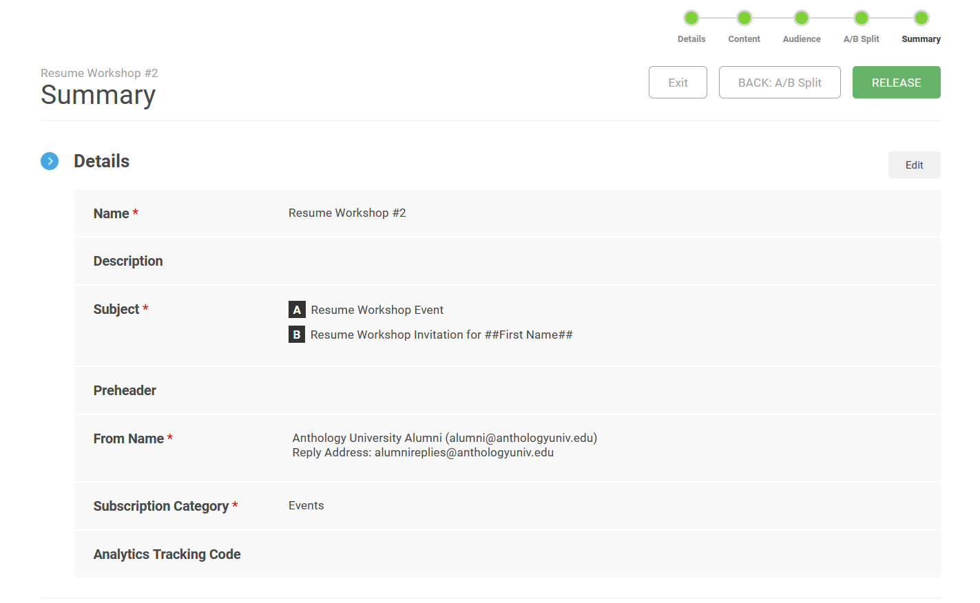 The Details section of the Summary screen, with an Edit button, showing the name, the A and B subjects, the Preheader, the From Name, the Subscription Category, and the Analytics Tracking Code. The Navigation bar is across the top, as well as an Exit button, a BACK: A/B Spilt button, and a RELEASE button.