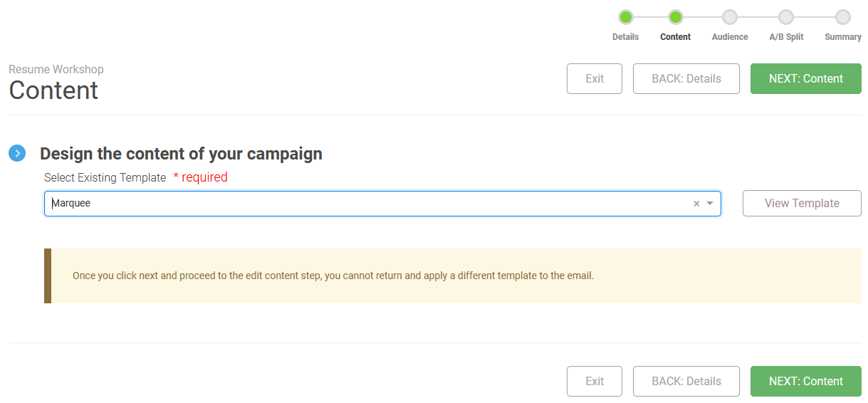 A screen showing a dropdown menu under the heading "Design the content of your page." The menu is titled "Select existing template" and is marked as required. A banner states " There is a View Template button next to the dropdown.