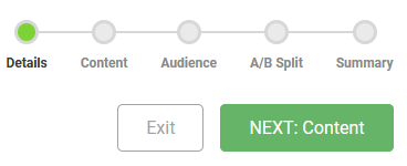 The A/B Split Navigation menu showing Details, Content, Audience, A/B Split, and Summary, as well as an Exit button and a Next: Content button.