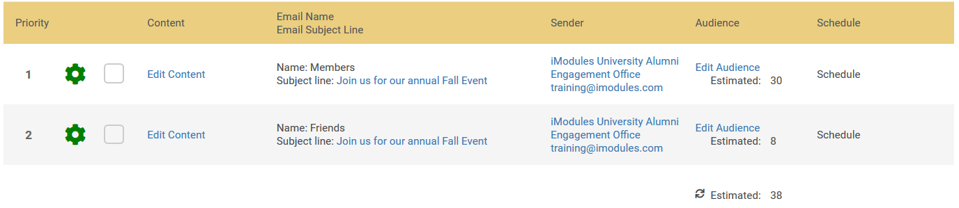 The segmented campaign details draft with new wording, which shows Edit Audience and an estimated number for each segment, as well as an estimated total with a refresh icon next to it.