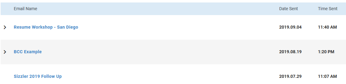 A list of emails including some that show an arrow next to them, indicating that there is a roll up report available.