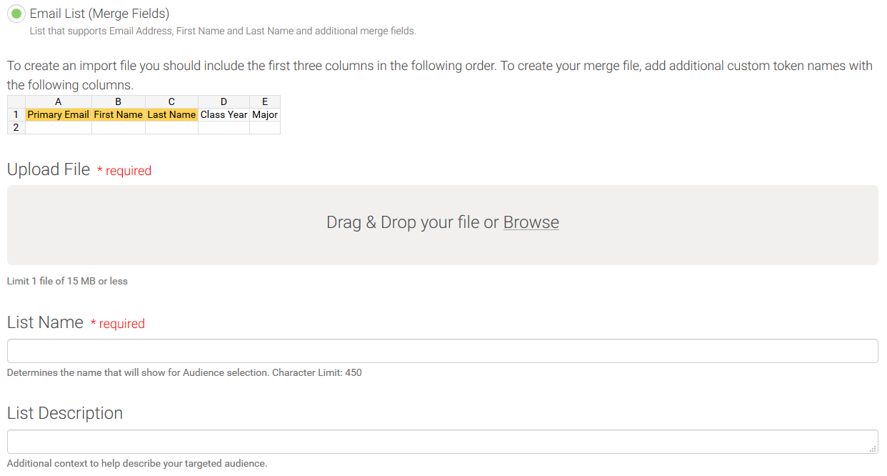 Add List window with Email List (Merge Fields) selected, showing Upload File, List Name, and List Description options