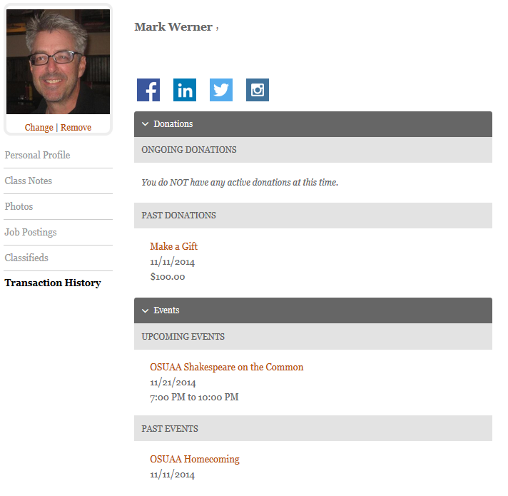 Transaction history on the profile screen showing event transaction history