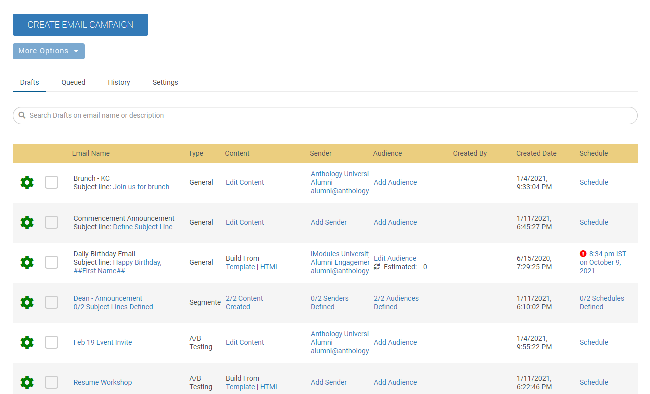 The Email Home screen with the Drafts tab selected
