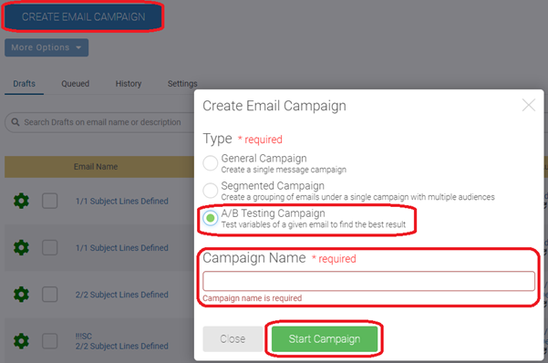 Create email campaign window with A/B Testing Campaign option, Campaign Name, and Start Campaign button highlighted in red.