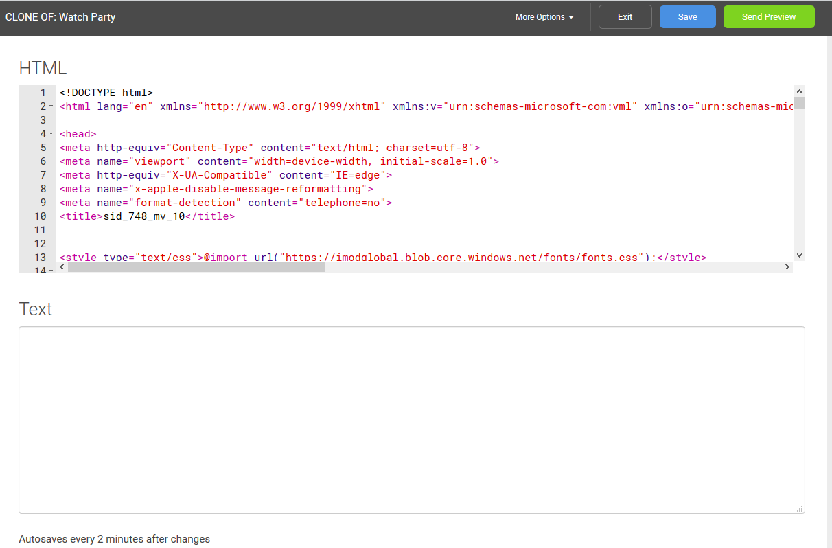 Edit HTML Content screen with HTML and text sections