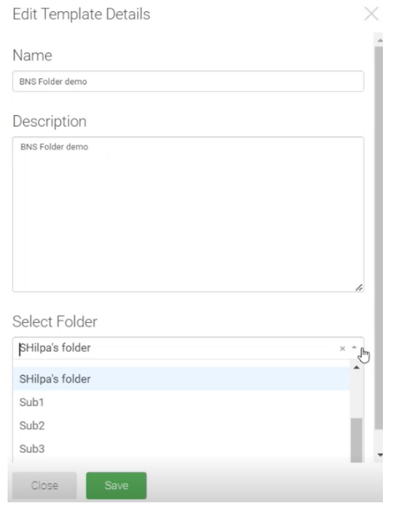 The Edit Template Details window, showing Name, Description, and Select Folder options