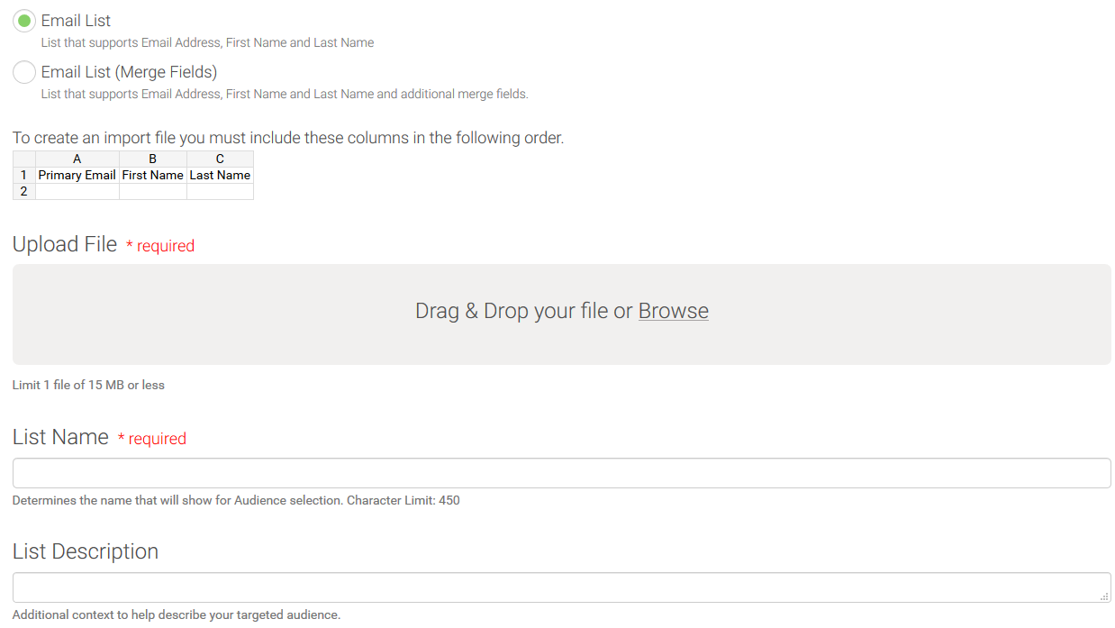 The Add List screen with Email List selected by default, including Upload File, List Name, and List Description options.