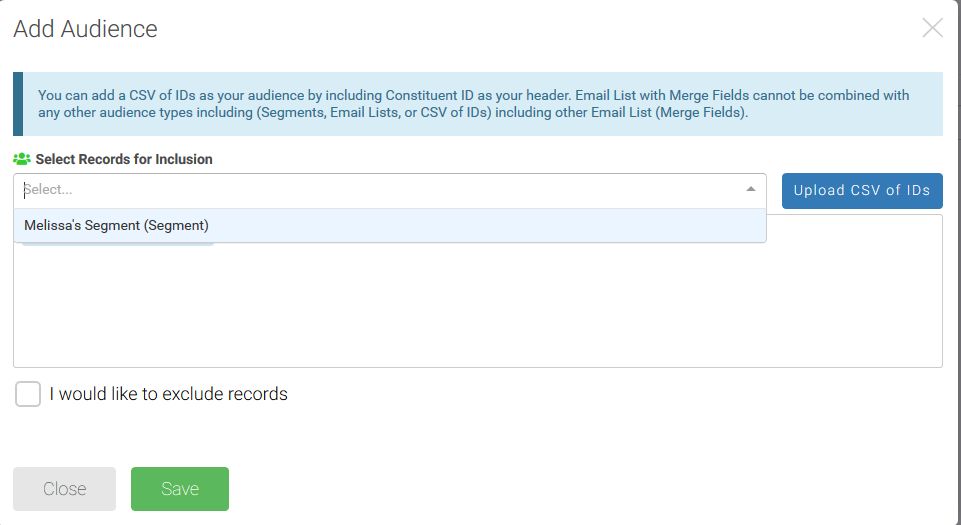 Add Audience window showing selection of segment