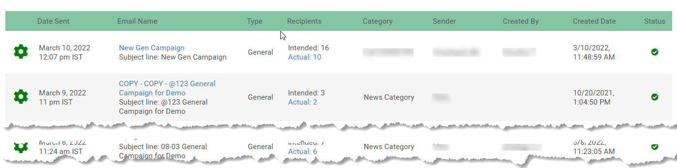 List of emails in history tab on email home screen