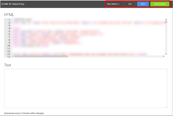 The HTML content page, with the More Options, Exit, Save, and Send Preview button highlighted in red.