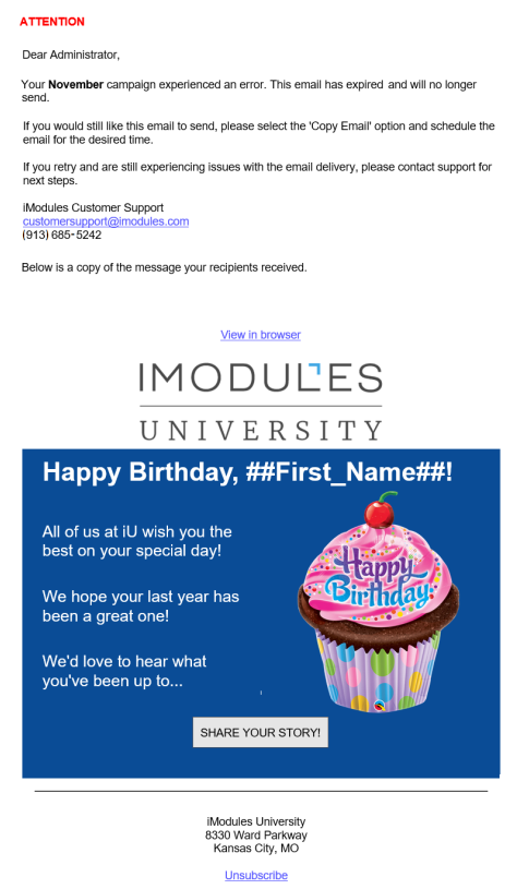 An example of an unsuccessful notification email