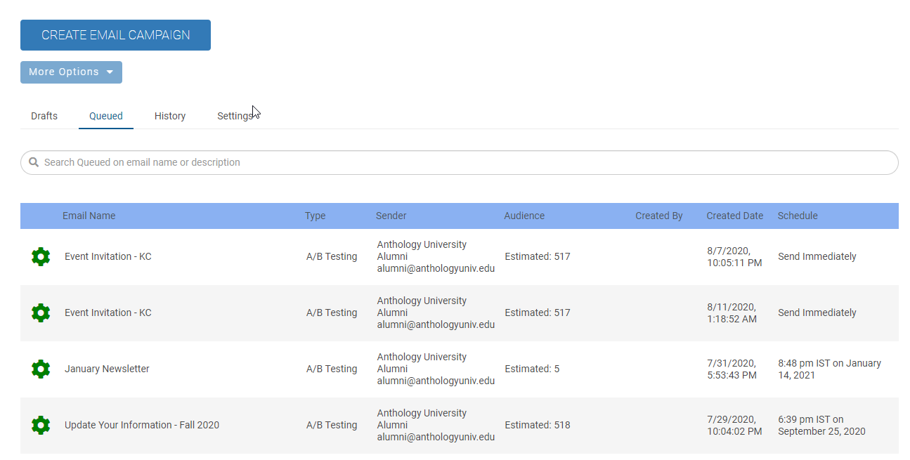 The Email Home screen with the Queued tab selected