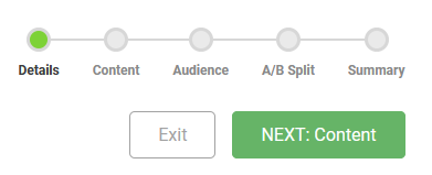 The A/B Split Navigation menu showing Details, Content, Audience, A/B Split, and Summary, as well as an Exit button and a Next: Content button.