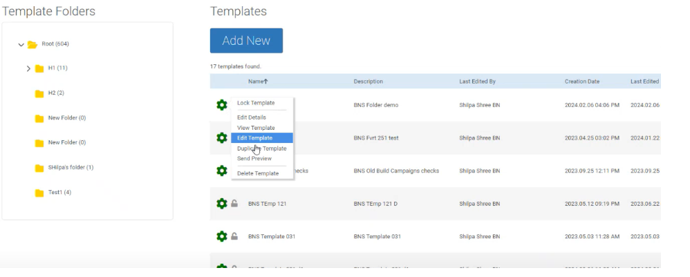 The gear menu on the template editor page, with the edit template option highlighted in blue