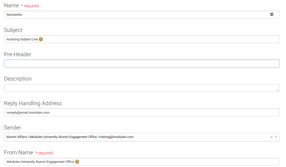 Email details screen with an emoji in the Subject field and the From Name field.