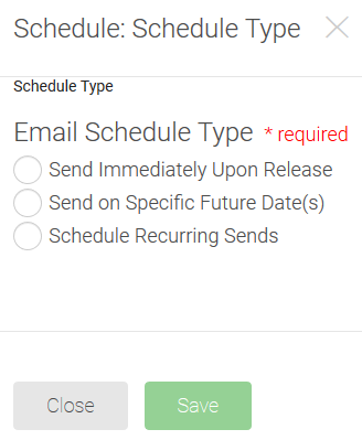 The Email Schedule Type options, which are Send Immediately Upon Release, Send on Specific Future Date(s), and Schedule Recurring Sends. There are Close and Save buttons at the bottom of the window.