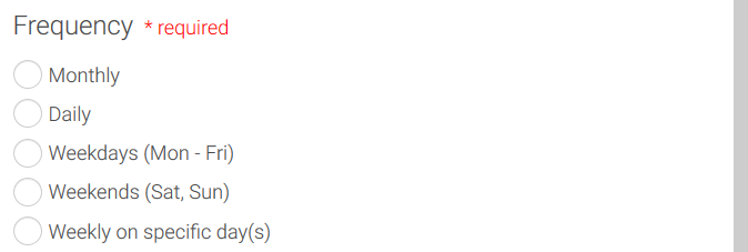 The bottom of the Schedule: Recurring window, showing the options for Frequency, including Monthly, Daily, Weekdays, Weekends, and Weekly on specific day(s)