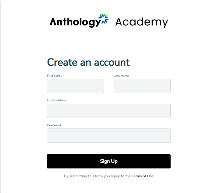 Anthology Academy Create an account page