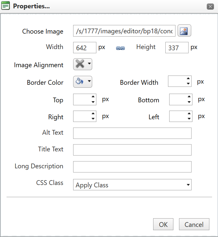 Screen where you can edit various properties of an image such as alignment, border, alt text, and others.