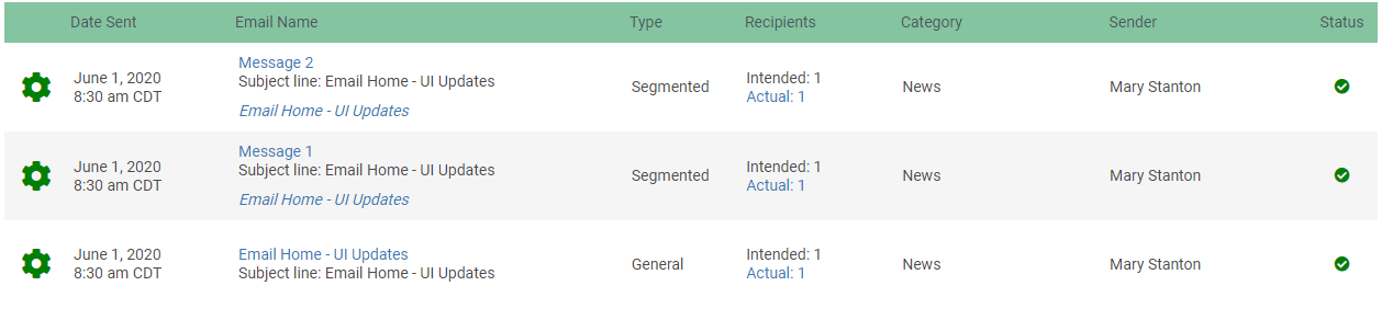 The History tab of the Email Home screen