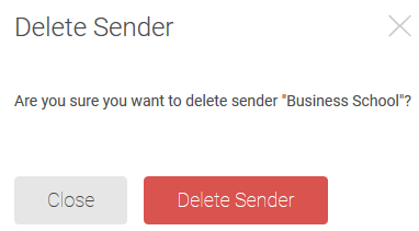 The Delete Sender confirmation window, with the choices to Close or Delete Sender