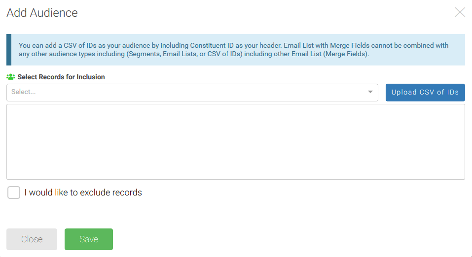 The Add Audience window, with the option to upload CSV of IDs